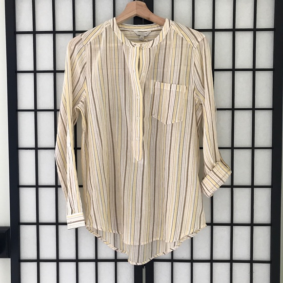 Lucky Brand Tops - Lucky Brand Yellow Striped Roll Tab Cotton Shirt